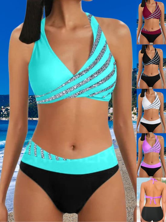 Sexy Two-piece Bikini Swimsuit Women's Striped Sequins Cross Backless Swimsuit