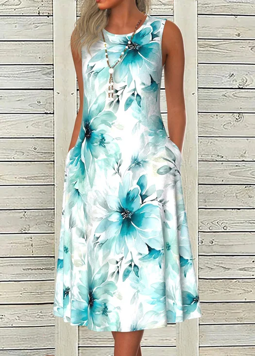 V Neck Cotton Casual Floral Dress With No