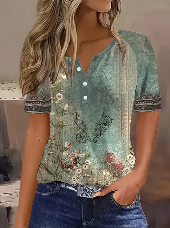 Women's Short Sleeve T-shirt Summer Green Floral Printing Crew Neck Daily Going Out Casual Top