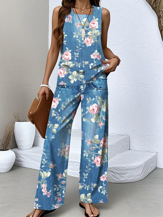 Casual Faux Denim Print Graphic Regular Fit Two-Piece Set