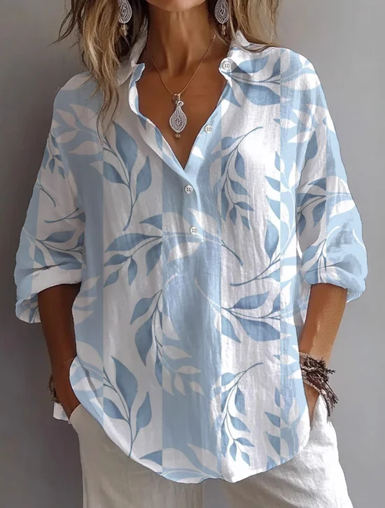 Women's Long Sleeve Shirt Spring/Fall Blue Floral Printing Shirt Collar Daily Going Out Casual Top