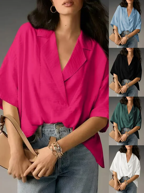 Women's Half Sleeve Shirt Summer Pink Plain Split Joint Shawl Collar Daily Going Out Casual Top
