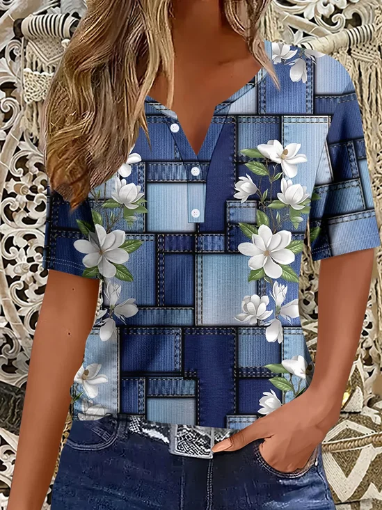 Women's Short Sleeve T-shirt Summer Blue Faux Denim Print Graphic Printing Crew Neck Daily Going Out Casual Top