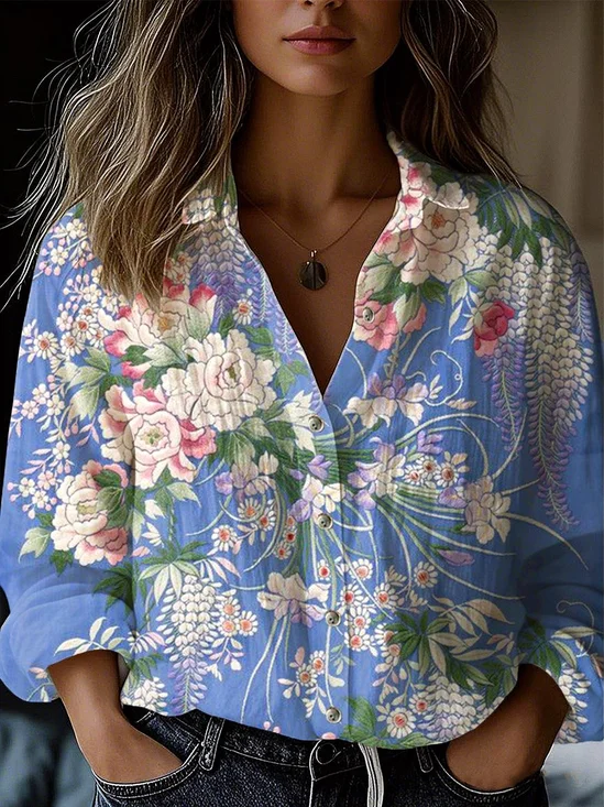 Shirt Collar Casual Loose Floral Shirt