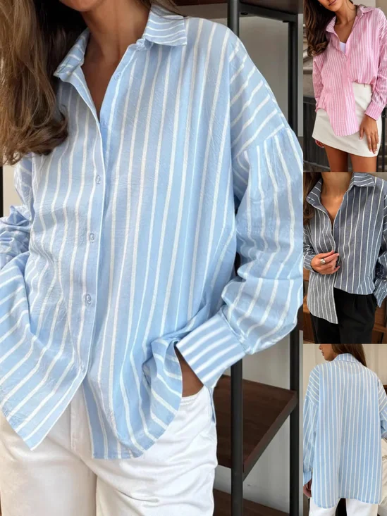 Women's Long Sleeve Shirt Spring/Fall Light Blue Striped Polo Collar Daily Going Out Casual Top