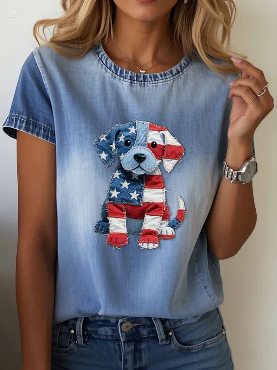 Women's Short Sleeve T-shirt Summer Blue Faux Denim Print Graphic Printing Crew Neck Daily Going Out Casual Top