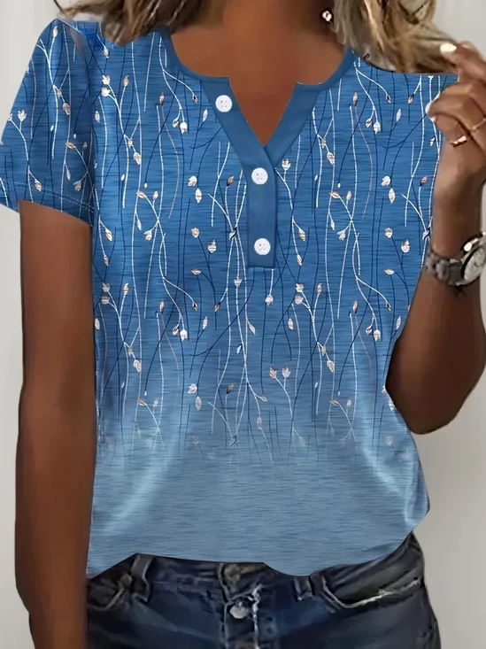 Women's Short Sleeve T-shirt Summer Blue Floral Printing Crew Neck Daily Going Out Casual Top