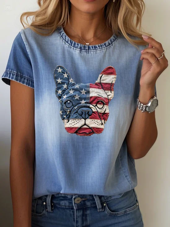Women's Short Sleeve T-shirt Summer Blue Faux Denim Print Graphic Printing Crew Neck Daily Going Out Casual Top