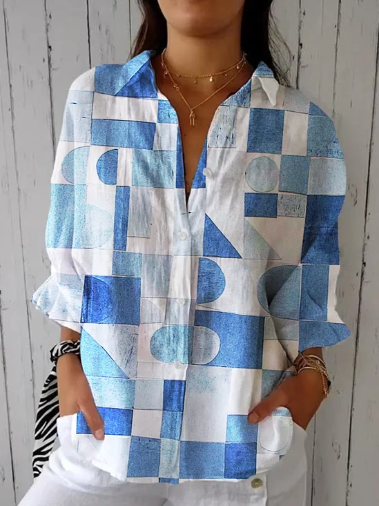 Casual Loose Shirt Collar Multicolor Block Shirt