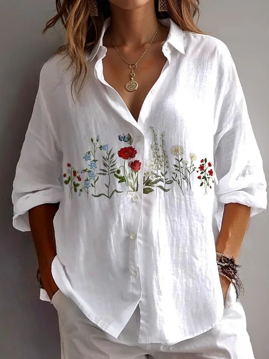 Casual Loose Botanical Pattern Shirt Collar Shirt