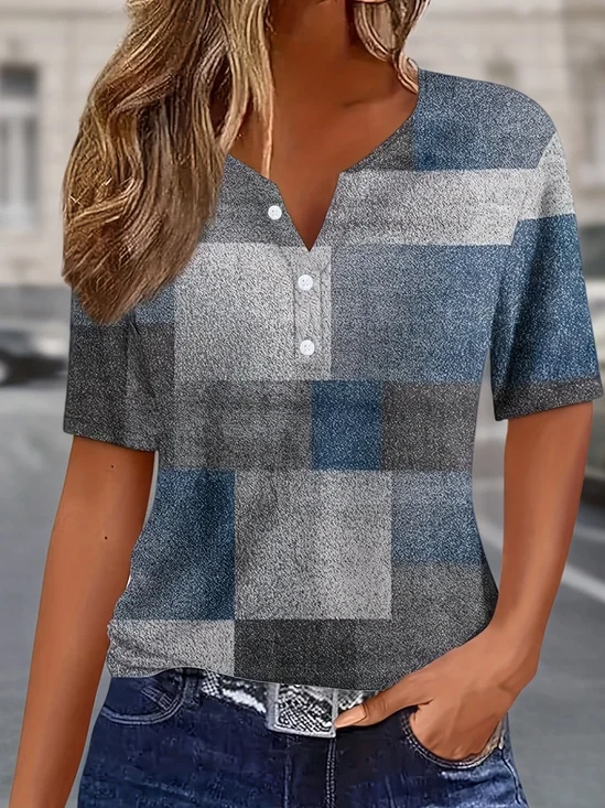 Women's Short Sleeve T-shirt Summer Blue Plaid Printing Crew Neck Daily Going Out Casual Top