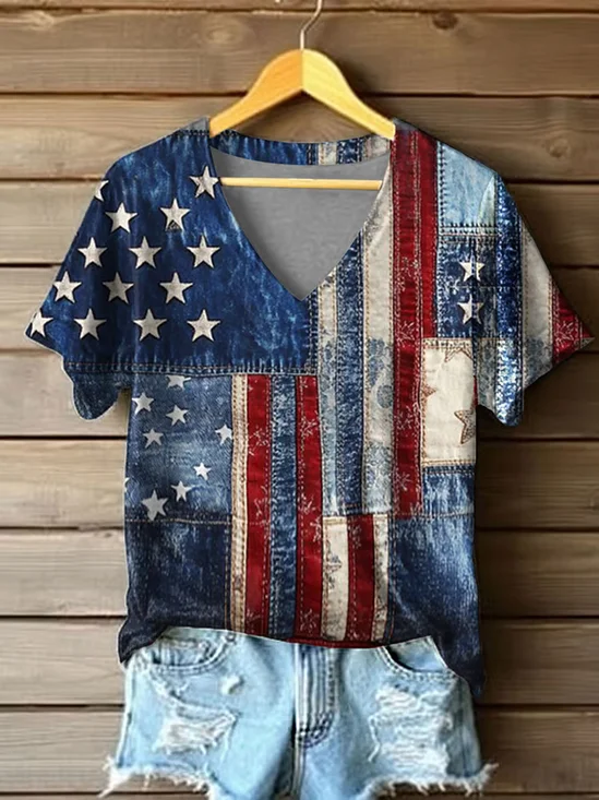 Women's Short Sleeve T-shirt Summer Blue Independence Day (Flag) Printing V Neck Daily Going Out Casual Top