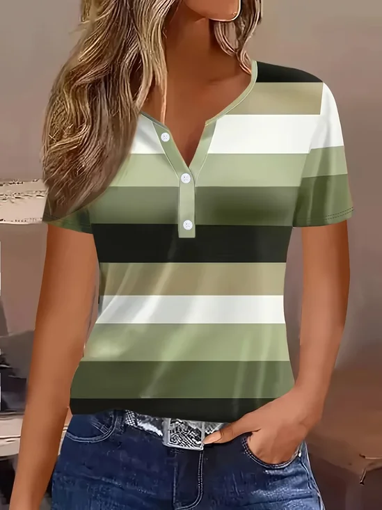 Women's Short Sleeve T-shirt Summer Green Striped Printing Crew Neck Daily Going Out Casual Top