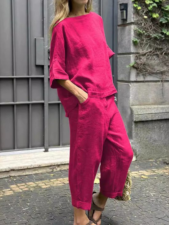 Crew Neck Loose Linen Blend Casual Two-Piece Set