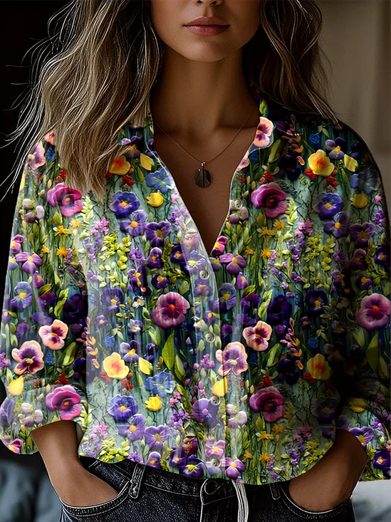 Loose Shirt Collar Casual Floral Shirt