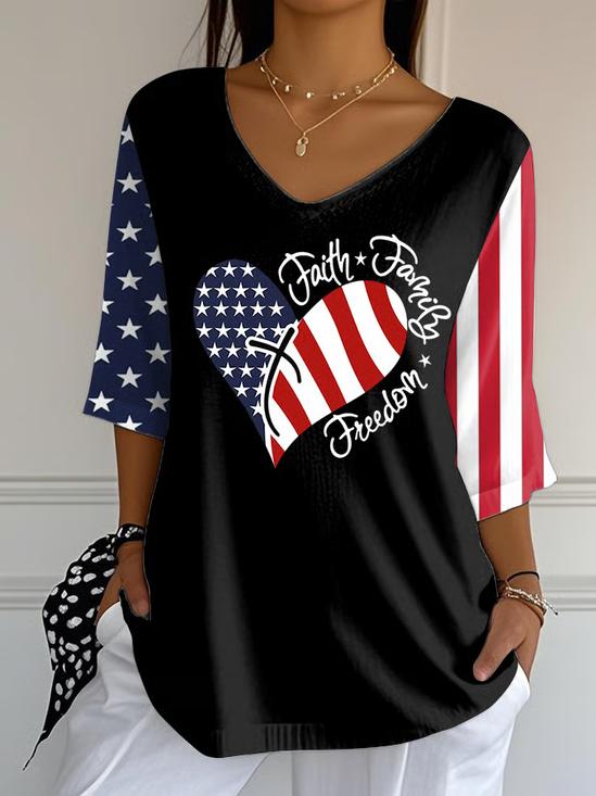 Women's Independence Day Printed V-Neck T-Shirt