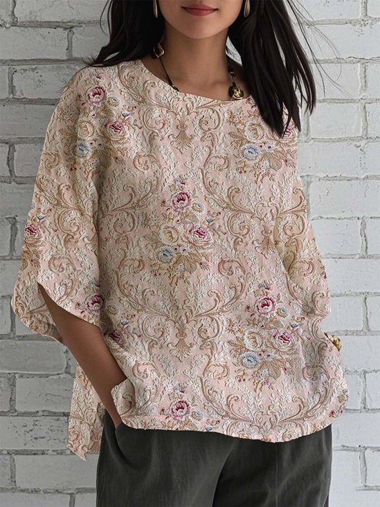 Loose Linen Blend Casual Crew Neck Shirt