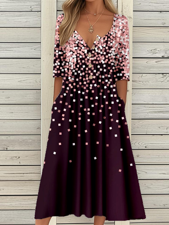 Casual Vintage Button Mid Sleeve Dress