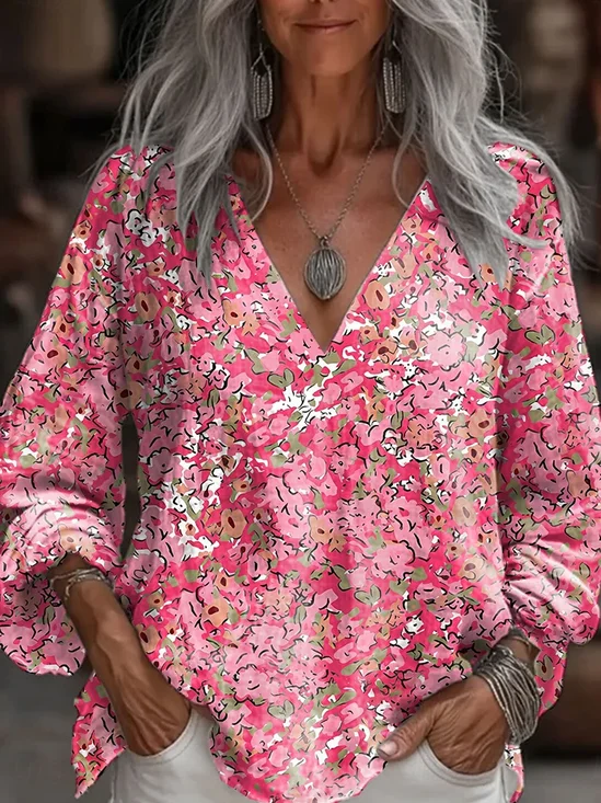 Print Casual V Neck Long Sleeve T-Shirt