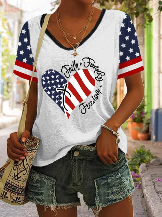 Women's Short Sleeve T-shirt Summer Black Independence Day (Flag) Printing V Neck Daily Going Out Casual Top