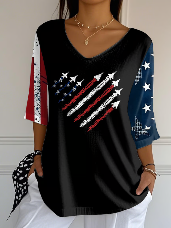 Women's Independence Day Printed V-Neck T-Shirt