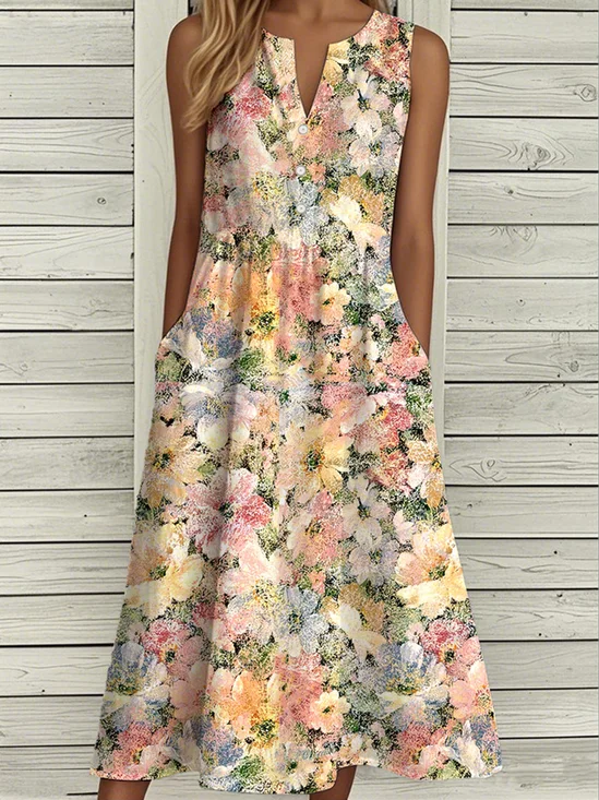 Casual Floral Notched Dress With No