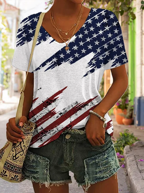 Women's Short Sleeve T-shirt Summer White Independence Day (Flag) Printing V Neck Daily Going Out Casual Top