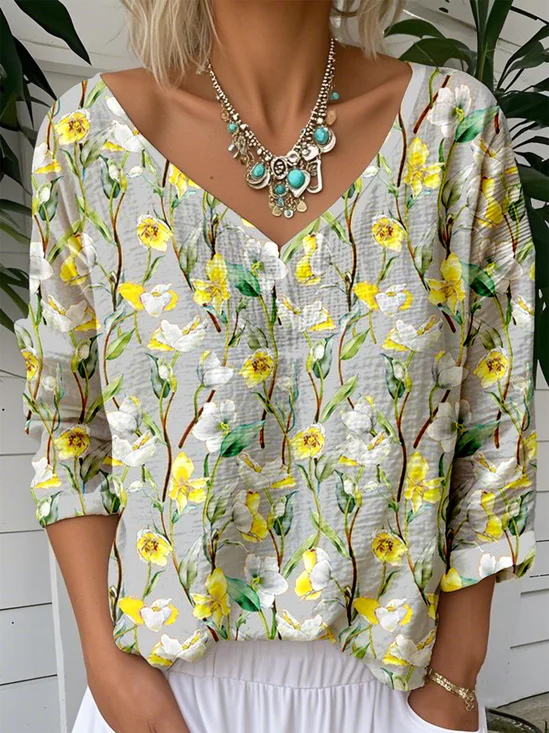 Jersey V Neck Floral Vintage T-Shirt