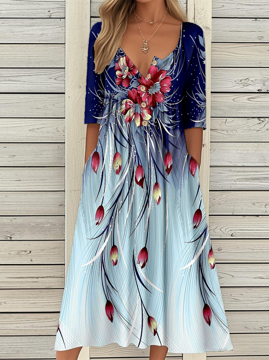 Casual Vintage Button Mid Sleeve Print Dress