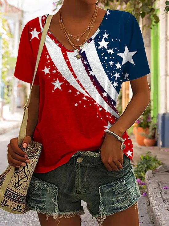 Women's Short Sleeve T-shirt Summer Red Independence Day (Flag) Printing V Neck Daily Going Out Casual Top