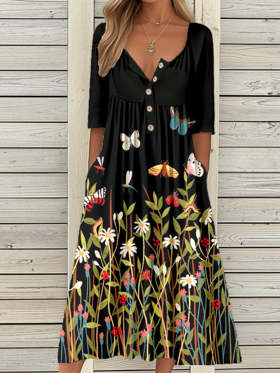 Casual Vintage Button Mid Sleeve Dress