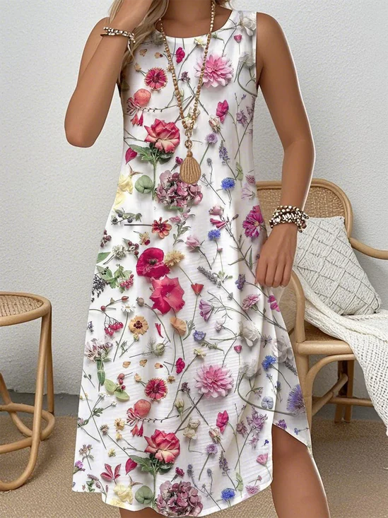 Simple Cotton Crew Neck Floral Dress