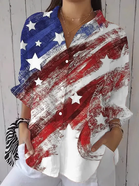 Women's Casual Cotton And Linen Independence Day Shirt