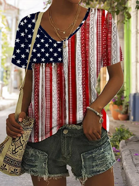 Women's Casual Independence Day Flag Graphic Print V-Neck Short Sleeve T-Shirt