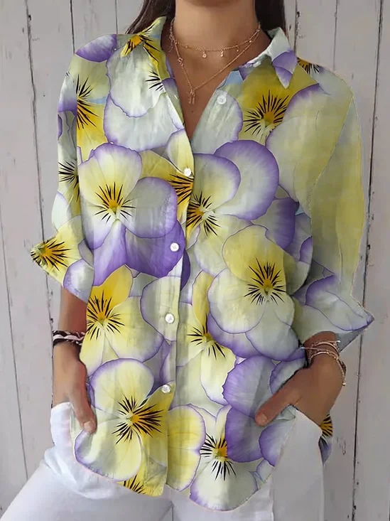 Purple Plant Floral Elegant Imitation Cotton Linen Shirt Top