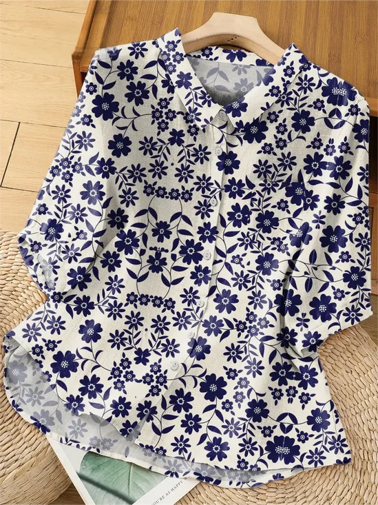 Women's Vintage Flower Art Print Casual Short Sleeve Shirt