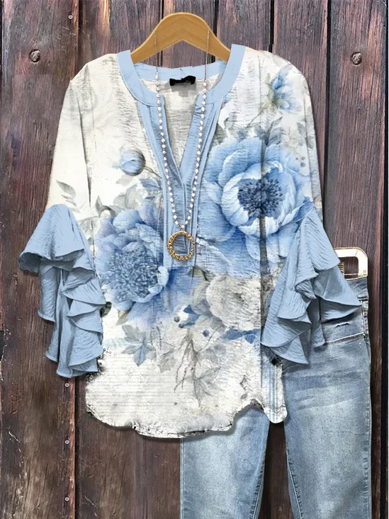 Women's Half Sleeve Shirt Summer Blue Floral Printing V Neck Daily Going Out Casual Top