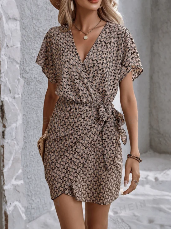 Women's Short Sleeve Summer Khaki Geometric Split Joint V Neck Dolman Sleeve Daily Going Out Vintage Midi A-Line Tank Dress