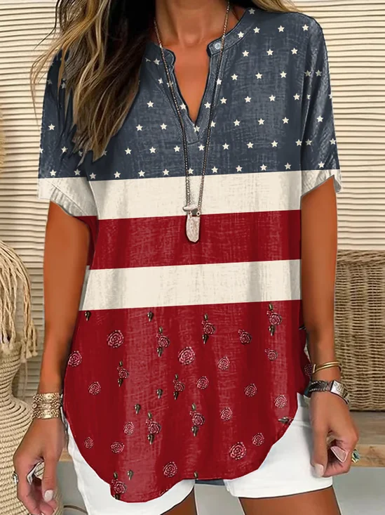 Women's Retro Independence Day Print Short Sleeve Shirt