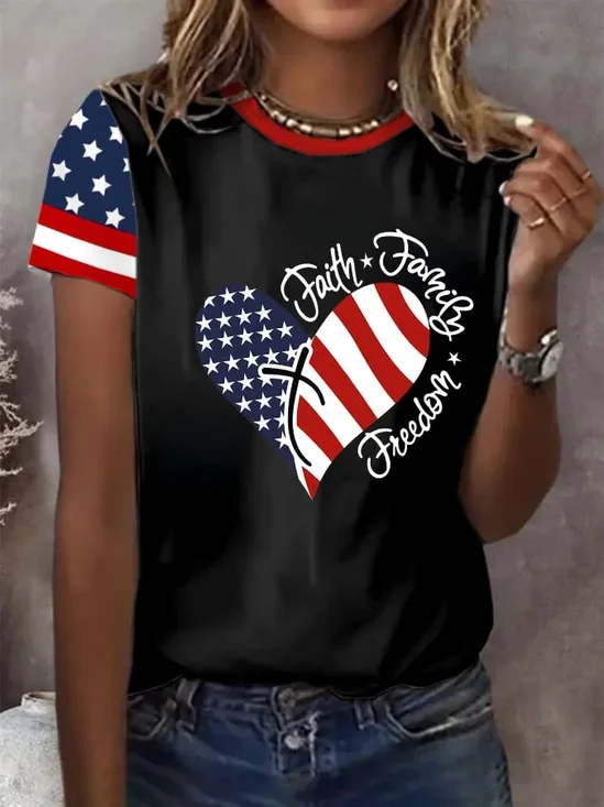 Women's Independence Day Love Faith Family Freedom Print Short Sleeve T-Shirt