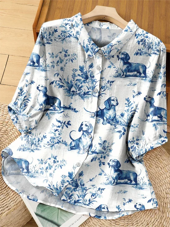 Women's Vintage Dog Dachshund Floral Art Print Casual Short Sleeve Shirt