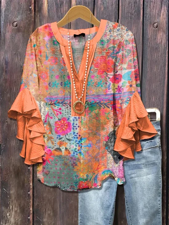 Women's Half Sleeve Shirt Summer Orange Floral Printing V Neck Daily Going Out Casual Top