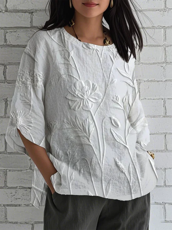 Simple Linen Blend Loose Floral Shirt