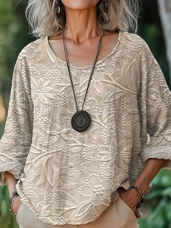 Women's Three Quarter Sleeve T-shirt Spring/Fall Khaki Floral Printing Crew Neck Daily Going Out Casual Top