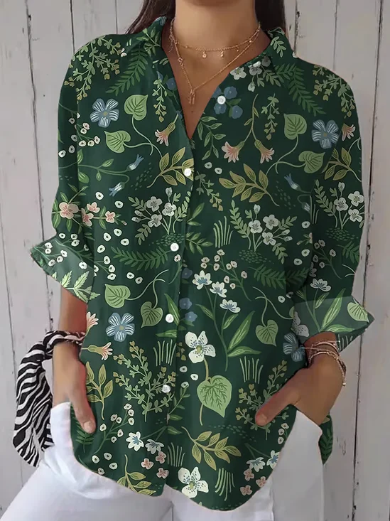 Women's Casual Cotton And Linen Spring Floral Cotton And Linen Shirt
