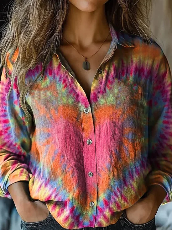 Women's Retro Colorful Heart Tie-dye Print Shirt