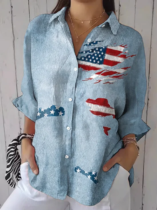 Women's Independence Day Vintage Flag Design Printed Casual Shirt