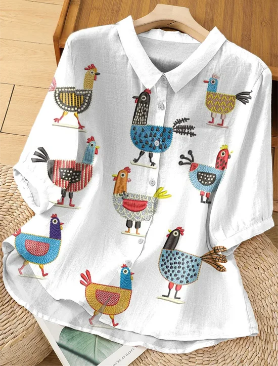Women's Funny Chick Art Print Casual Short Sleeve Cotton And Linen Shirt