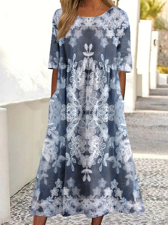 Casual Crew Neck Floral Loose Dress