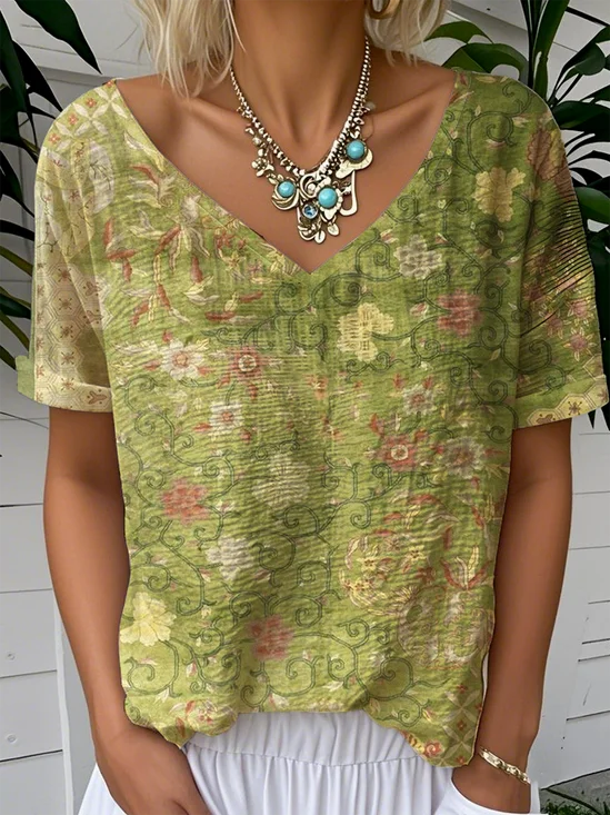 Simple Jersey V Neck Floral T-Shirt